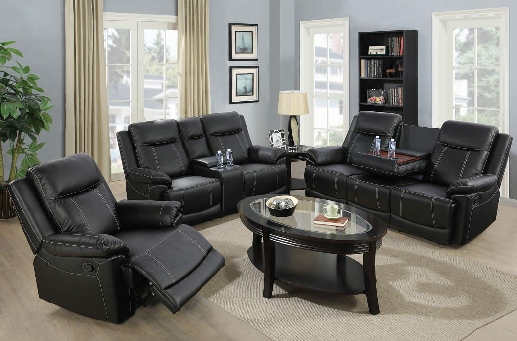 Brand New Black Leather Baseball Stitched 3pc Reclining Set With Storage Compartments A Drop Down Table & Built In Cup Holders