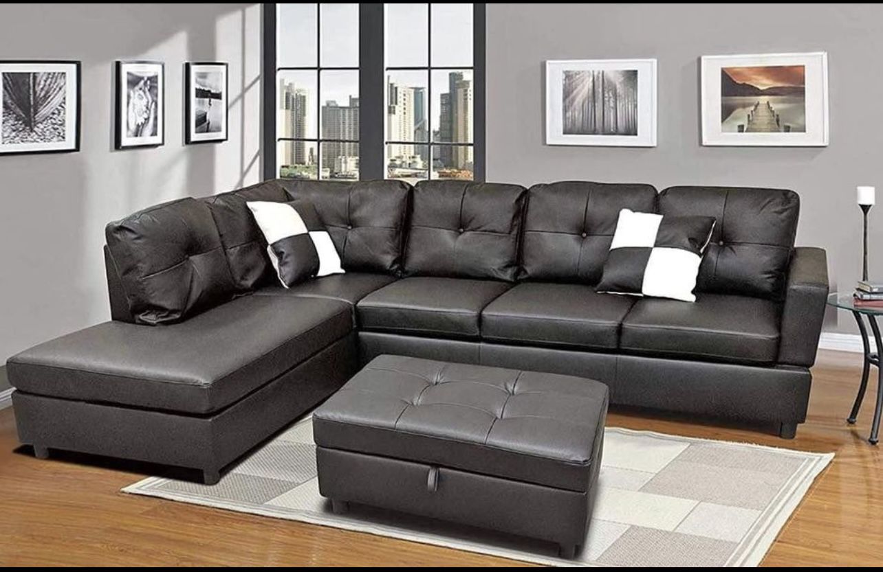 Black Leather Sectional Couch And Storage Ottoman