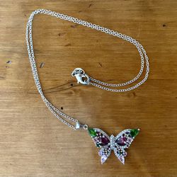 Multicolored gemstones sterling silver butterfly pendant