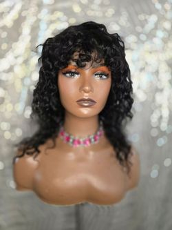 14" human hair regular cap wig black curly hair with bangs new