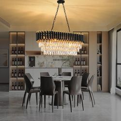 Modern Crystal Chandeliers for Dining Room Black and Gold Chandelier Living Room 8-Light Pendant Light Fixture Oval Contemporary Ceiling Hanging Light