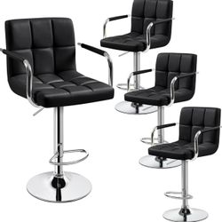 Bart Stools Set of 4, PU Leather Adjustable Barstools with Armrest, Counter Height Stool Chairs with Thickened Seat Cushion for Kitchen Island, Black