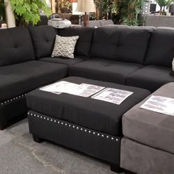 Brand New 104" x 75" Black Fabric Reversible Sectional + Ottoman