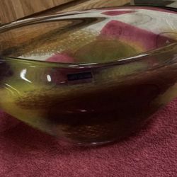 Vintage RARE Signed R. Pell Hand Blown Art Glass Vase Bowl Heavy Decor