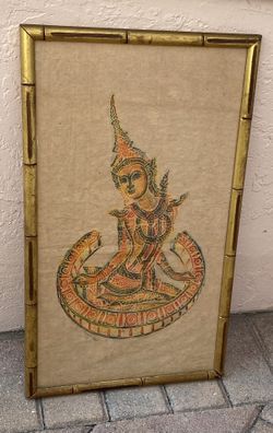 SIAM Thai Temple Rubbing in Bamboo Frame, frame measures 22 inch high, 13 1/2 inch wide