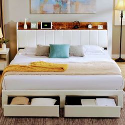 Queen Upholstered Bed Frame with Storage Drawers