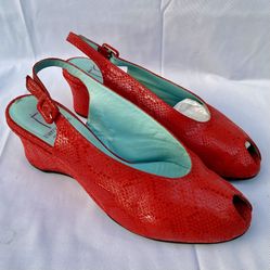 Thierry Rabotin Red Snakeskin-Embossed Leather Peep-Toe Slingback Wedge Heels 37-1/2