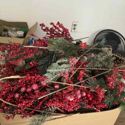 Christmas wreath components, specifically faux pine branches, red berries, and pinecones *READ DESCRIPTION PLEASE*