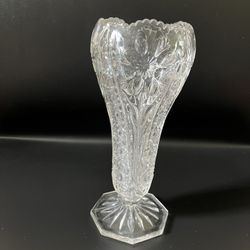 Imperial Glass Ohio 10 3/4 Inch Flower Vase Footed Cosmos Clear Hobstars