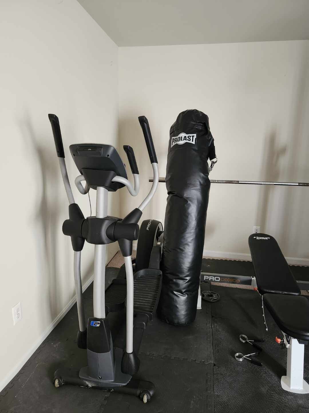Pro-form elliptical machine/punching and kicking hanging bag.