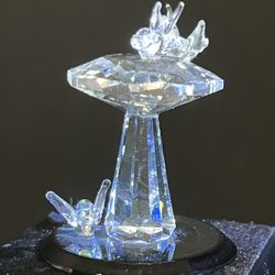 Vintage 1980s Crystal Clear Glass Birdbath 3 Birds Figurine, 2.25”
