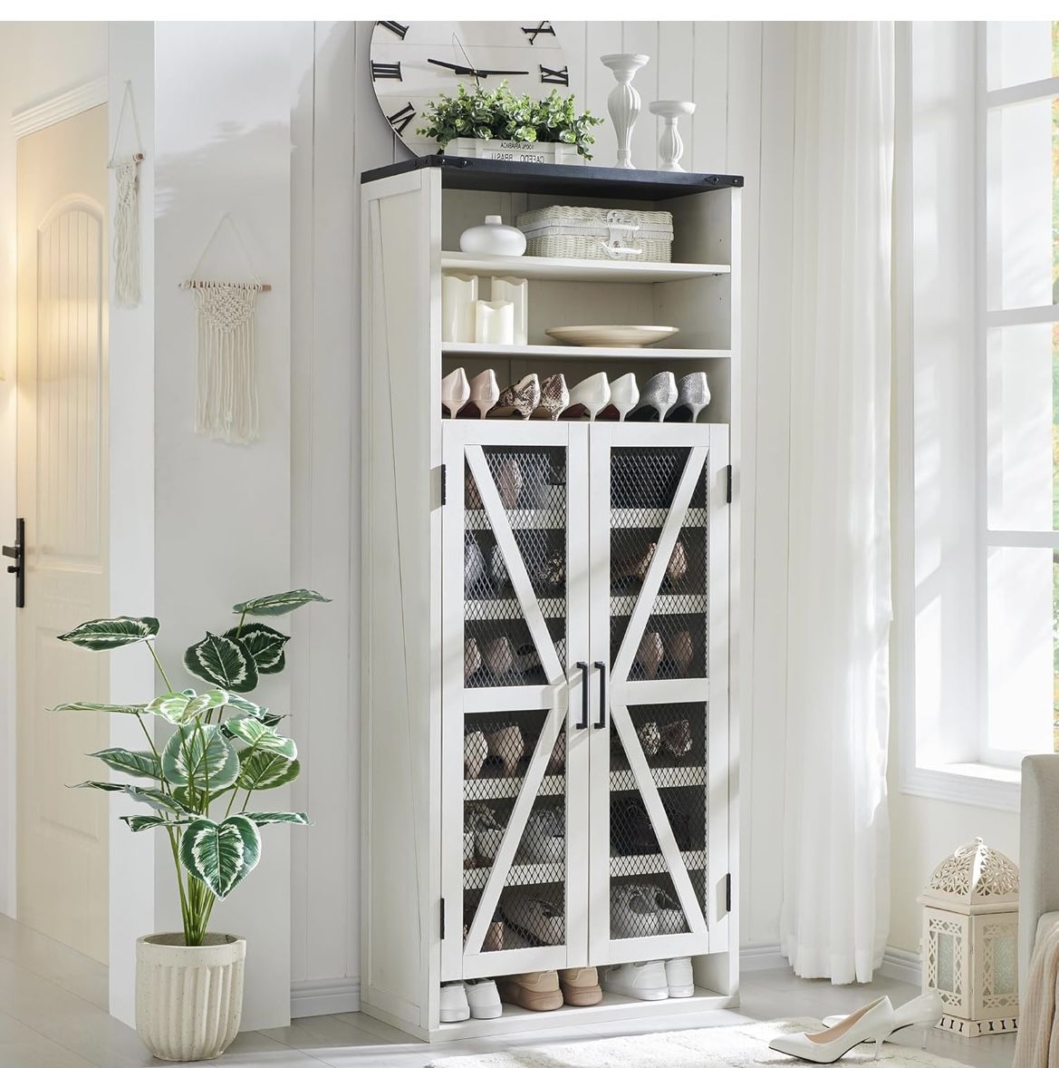 NEW IN BOX - Farmhouse Shoe Cabinet, with Adjustable Shelves & Open Cubbys, Industrial Wood Organizer, Rustic Shoe Rack Cabinet for Entryway, Off Whit