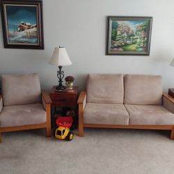 Matching Love Seat & Chair Lot Couch Wood Beige Clean Nice