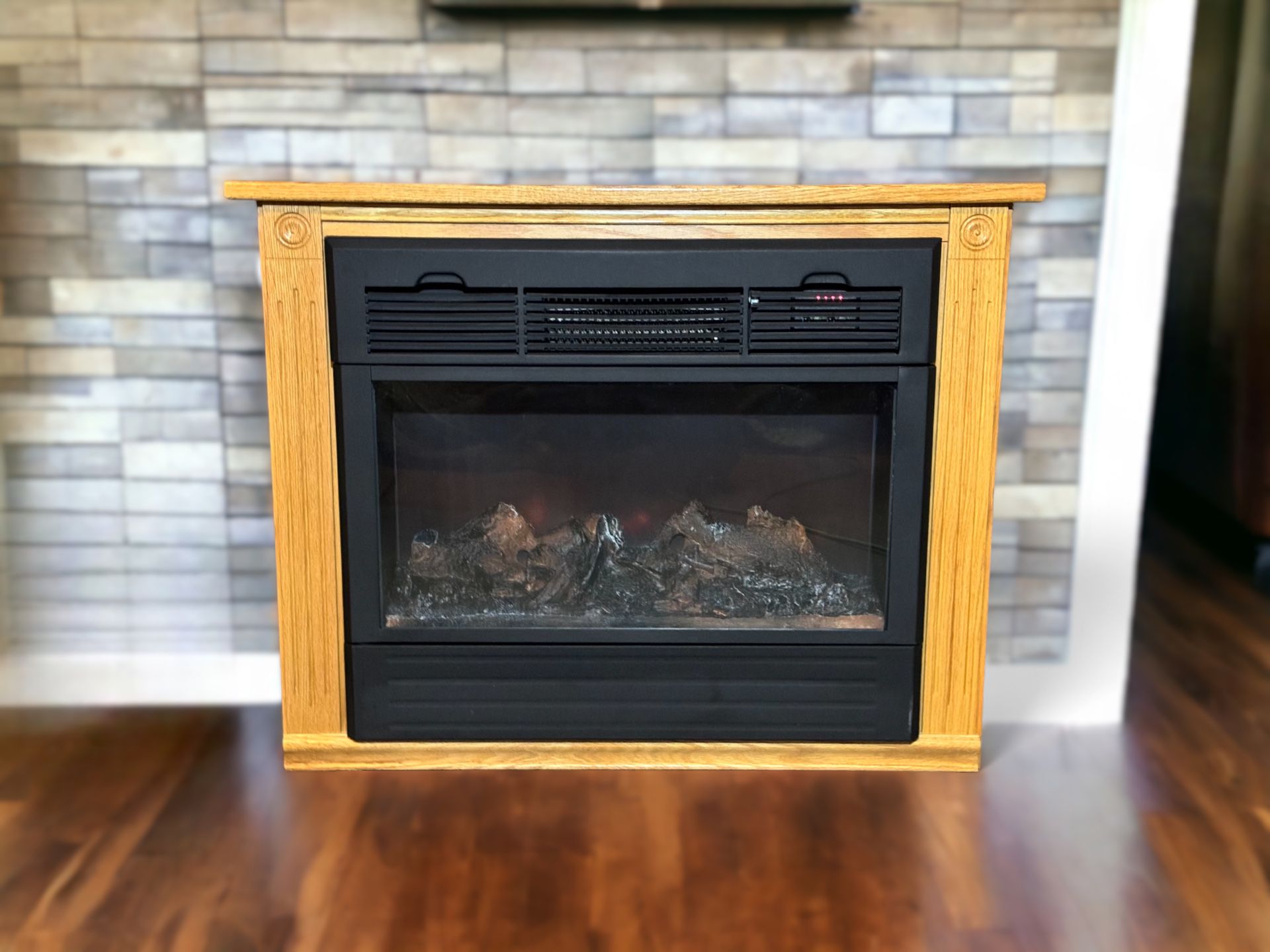 Heat Surge Amish Brown Wood Portable Electric Fireplace on Wheels