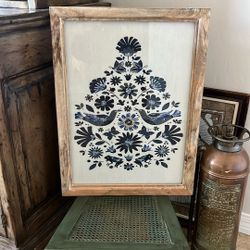 Primitive Embroidered Bird Framed Art Print Antique 
