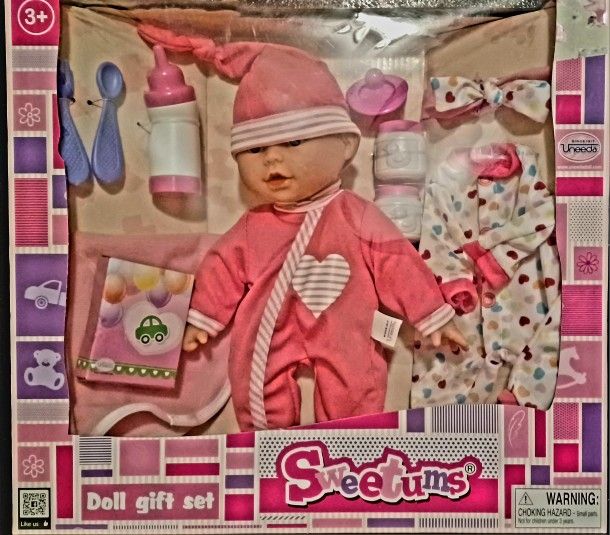 Sweatums Baby Doll And Accessories Toy Gift Set : Bebe Baby doll, onesies, bottle, utensils, beanie, bow, pacifier, etc.