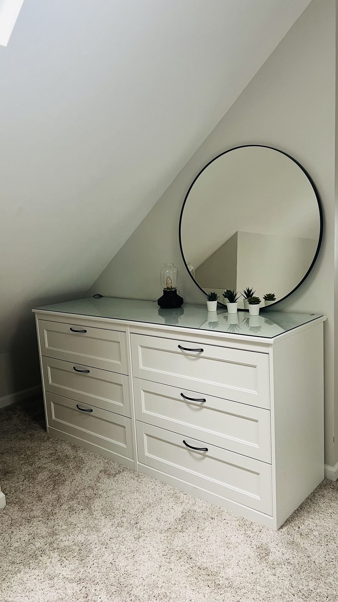 White Double Dresser with Glass Top + Round Mirror & Decor – $250