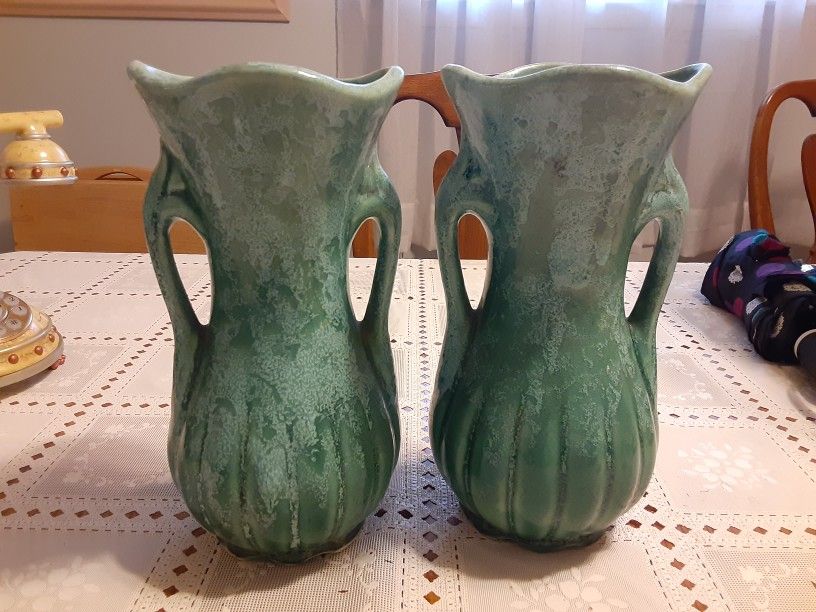 A PAIR OF NICE GREEN VASES 10 INCHES Tall VINTAGE