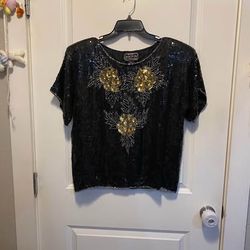 Joseph Le Bon Vintage Silk Sequin Bead Art Drag Blouse Top Paris Silk size medium must pick up