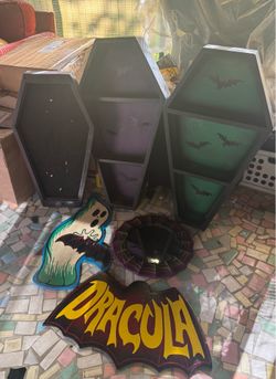 Coffin Shelves, Cork board, Hand Painted Signs and Spider Web Mirror. GOTH EMO DRACULA VAMPIRE