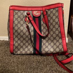 GUCCI OPHIDIA MEDIUM TOTE GRAY AND RED BAG