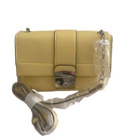 Tahari Mustard Yellow Pebbled Leather Shoulder Bag with Chain Strap
