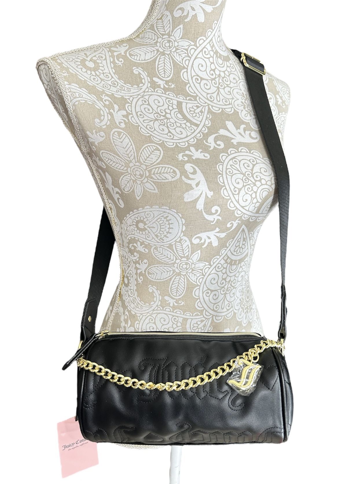NWT Original JUICY COUTURE Quilted Barrel Crossbody Bag Puff Roll Chain Black