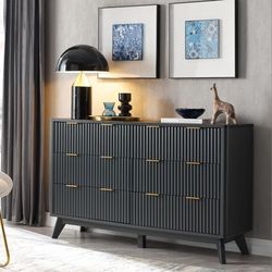 6 Drawers Dresser, 54" Wide Modern Chest of Drawers with Faux Marble Top, Curved Profile Design, Dresser TV Stand, Wood Drawer Organizer for Bedroom, 