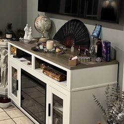 Electric Fireplace With Two Doors, Each With Shelves Inside