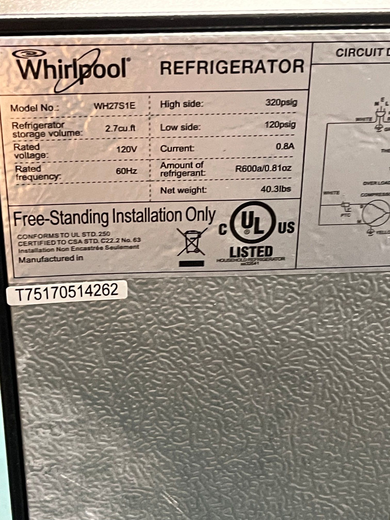 Refrigerator, SAC, Whirlpool WH27s1E for Sale in Archdale, NC OfferUp