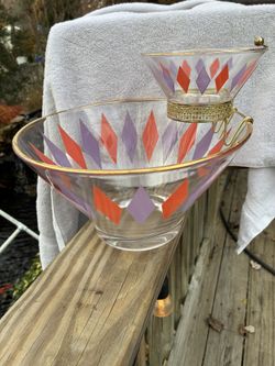 Gorgeous Vintage MCM Anchor Hocking Harlequin Diamond Pattern Dip And Chip Bowl