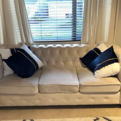 Beige Velvet Chesterfield Wooden Legs Sofa
