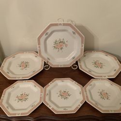 Vintage Nikko Pink Cameo Rose 3 Dinner Plates 10.75” & 3 Salad Plates 8”