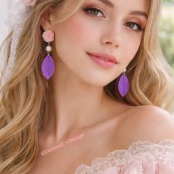 Handmade Romantic Rose Pearl Leaf Earrings in Pink Purple White Acrylic