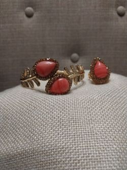 Gold-Tone Pink Stone Cuff Bracelet and Ring Set