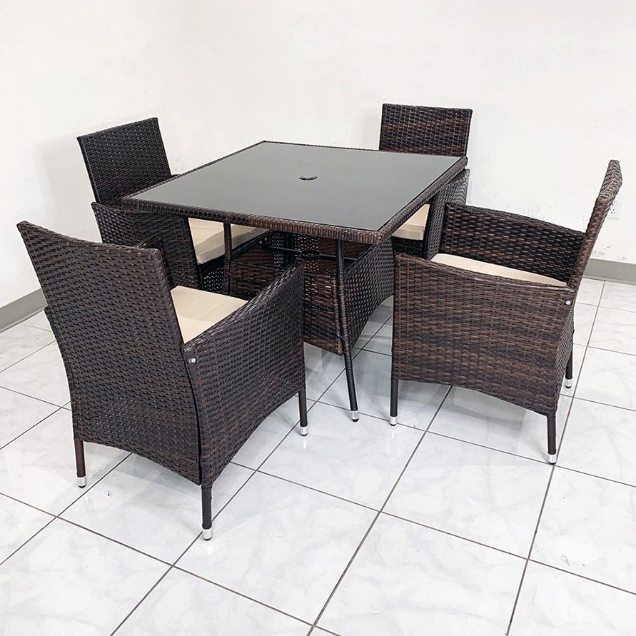 (Brand New) $250 (5-Piece) Wicker Dining Set Indoor Outdoor Patio Furniture 35x35” Glass Table w/ Umbrella Cutout, 4 Chairs 