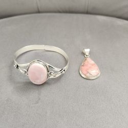 925 Sterling Silver Natural Pink Opal Set
