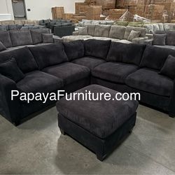 New Corduroy Black Sectional And Ottoman, Sectional Sofa, Black Couch, Black Sofa, Sectional And Ottoman, Plush Sectional Couch, L-Shaped Sofa Couch
