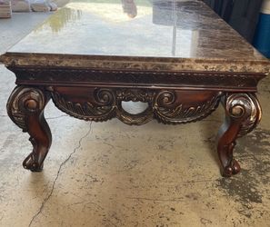 Marble Top Coffee Table with Carved Wood Base