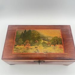 Vintage Cedar Jewelry Box w/ Landscape Decoupage Lid and Metal Clasp