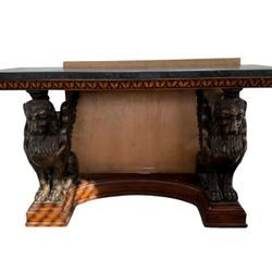 ANTIQUE CONSOLE TABLE WITH TWO CARVED WINGED GRIFFINS AND MARBLE TOP