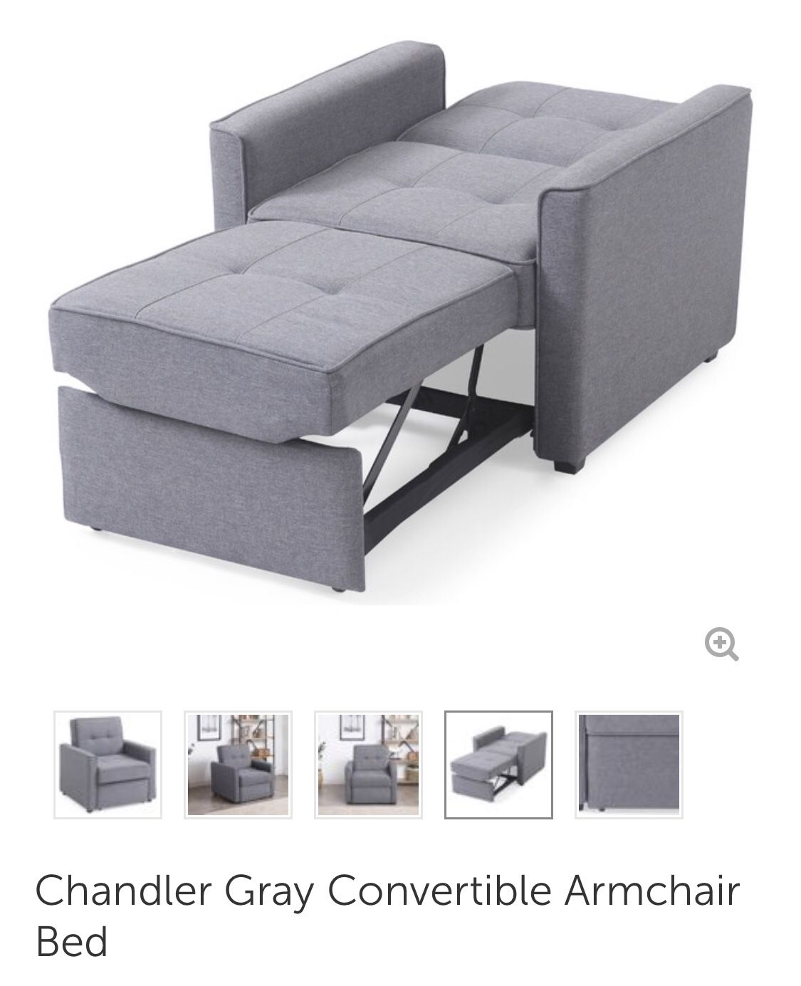 TUFTED CHANDLER GRAY CONVERTIBLE ARMCHAIR BED, 33”Wx33.5”Dx36”H, NEW