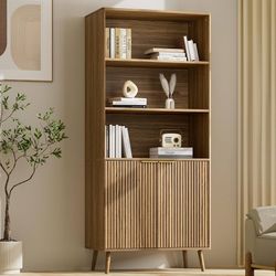 Y252-Walnut Bookshelf, 70.9" Tall Book Shelf, 5-Tier Bookcase with Fluted Doors and Adjustable Shelves, Wooden Storage Cabinet for Living Room, Office
