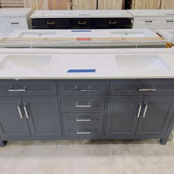 “72” Brand New Beautiful Bathroom Vanity in Marine Gray double sink, Soft Close Solid Wood, 5 drawers and 4 doors and electrical outlets included