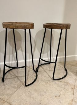 2 West Elm Wood & Black / Black Metal Stools