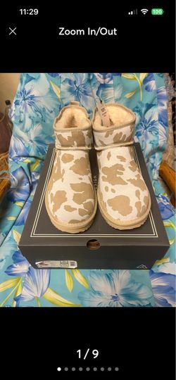 Cow Print Mini Sherpa Boots Size 10