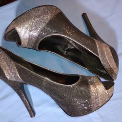 Worthington 5 " Black And Gray Sparkly Open Toe Cone Heels, Size 9M