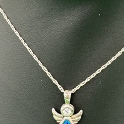 Sterling Silver Birth Month Angel Pendant Necklace Blue & Clear Cubic Zirconia Good Condition 18” Long