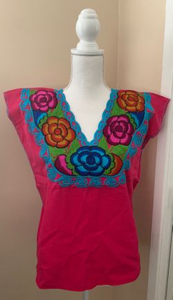 Hot Pink Mexican embroidered floral blouse