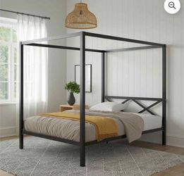 New Open Box Item Queen Canopy Platform Bed Metal Black Mattress Not Included 